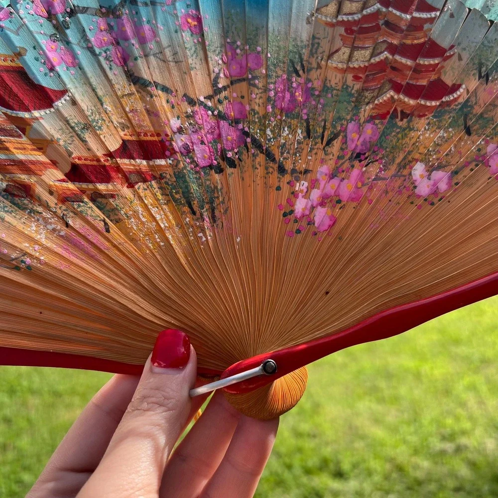 Vintage Hand-Painted Japanese Hand-Held Folding Wood Fan